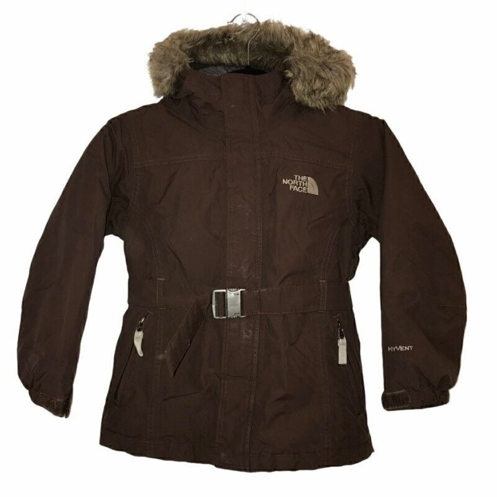 The North Face Hyvent Girls Down Jacket Brown Faux Fur Trim Hooded Belt Small
